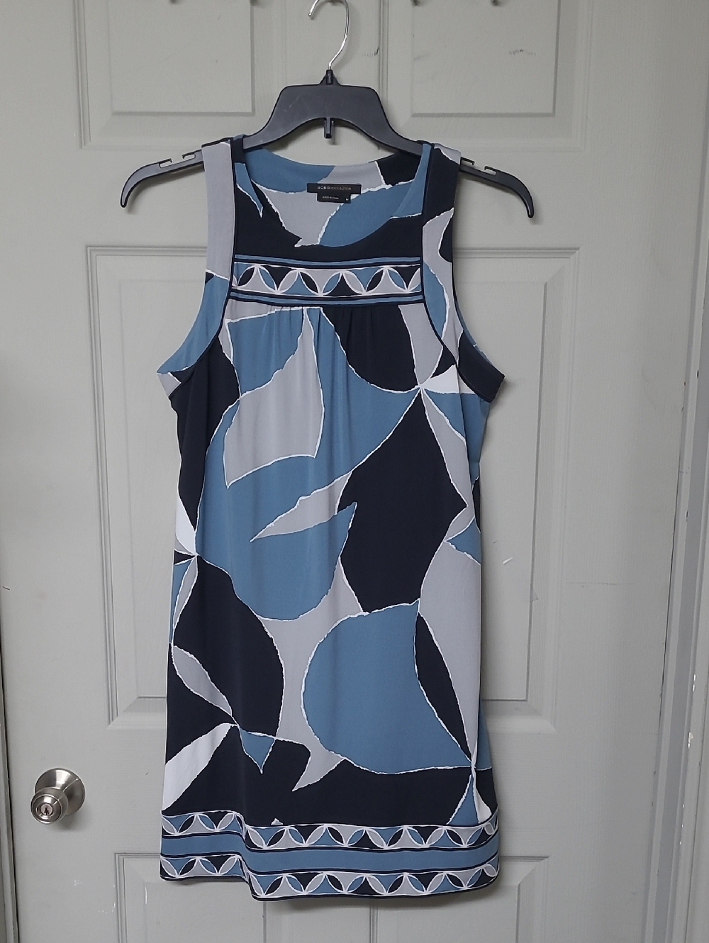 BCBGMaxAzria Geometric Print Shift Dress Navy/Slate/Blue/White Pockets Medium